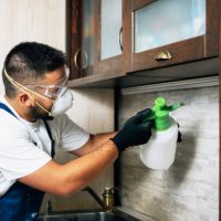 Professional exterminator in protective workwear spraying pesticide in apartment kitchen.